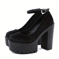 Block Heeled Platform Shoes Ankle Strap Solid Pumps