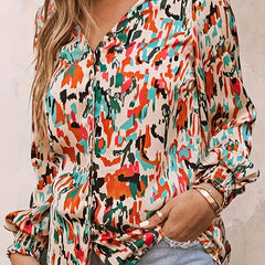 Boho Blouse Random Print Button Up V Neck Shirt Top