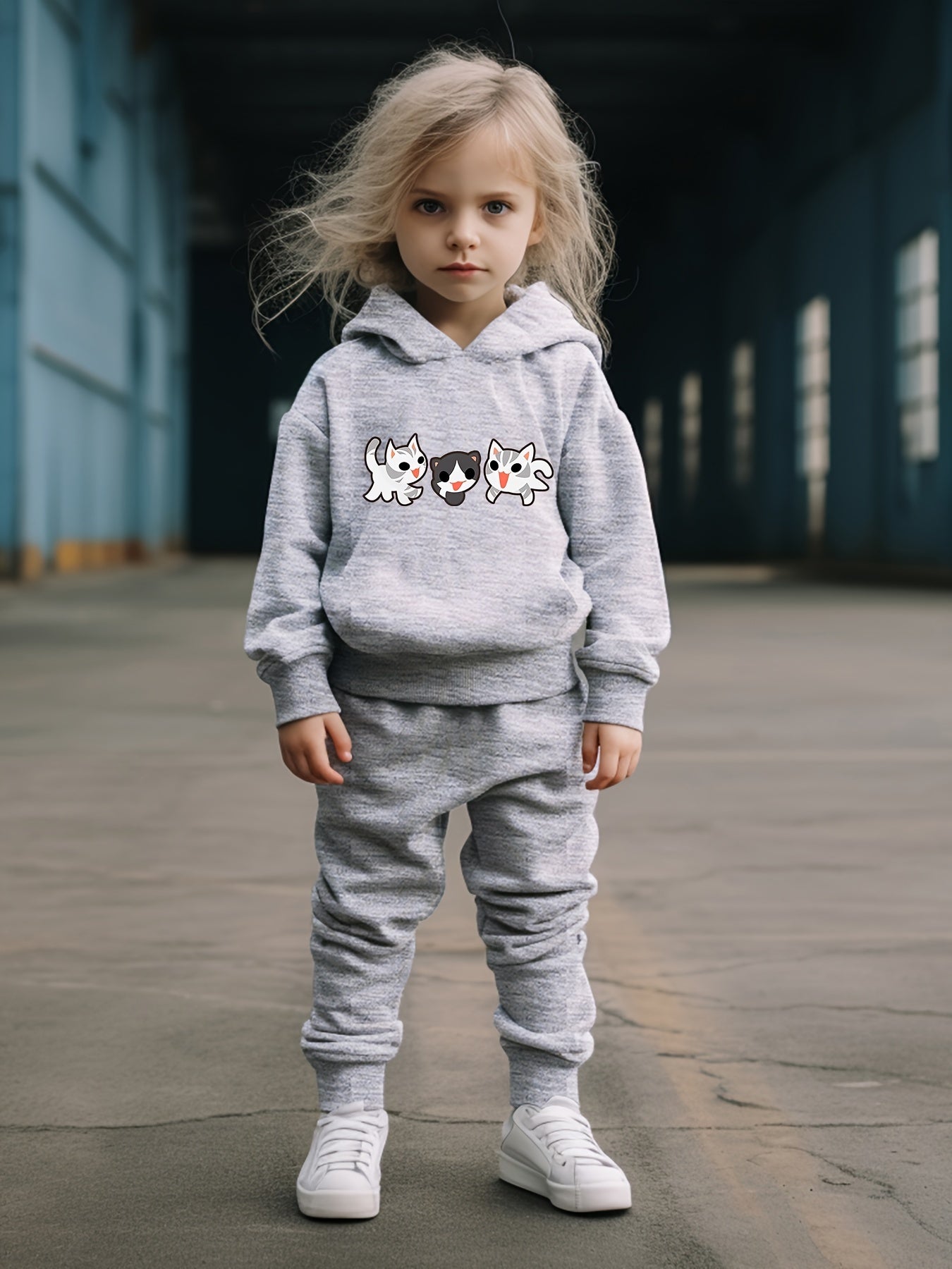 Cartoon Kitty Print Hoodies Pants Set For Spring Fall Sports