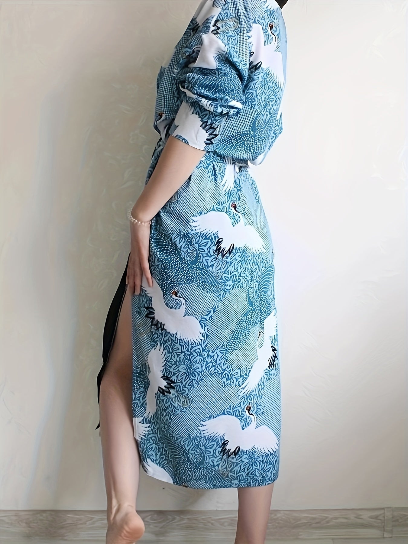 Crane Animal Print Long Sleeve Kimono Cover Up Shirt