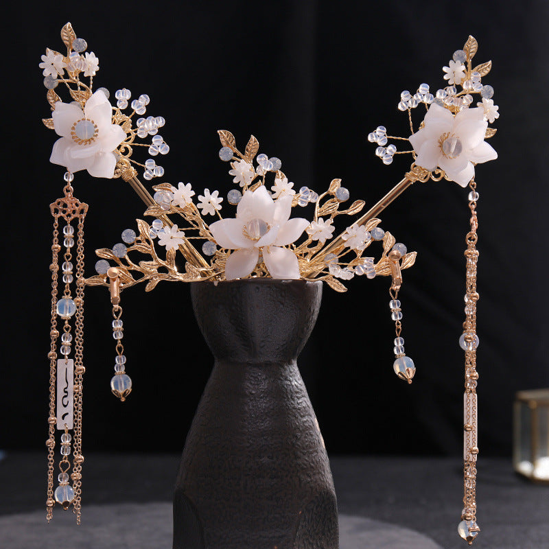 Crystal Flower Leaf Hairpin Headband Earring Set Chinese Wedding Hair Accessorie