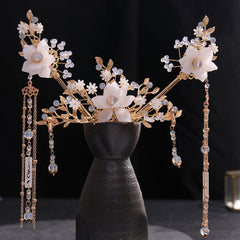 Crystal Flower Leaf Hairpin Headband Earring Set Chinese Wedding Hair Accessorie