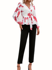 Surplice Neck Long Sleeve Blouse & Slim Pants Set