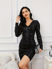Sequined Ruched Bridesmaid Dress V neck Dress For Wedding Party