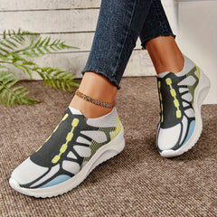 Women's Block Printed Knit Walking Shoes Elastic Slip on Sneakers