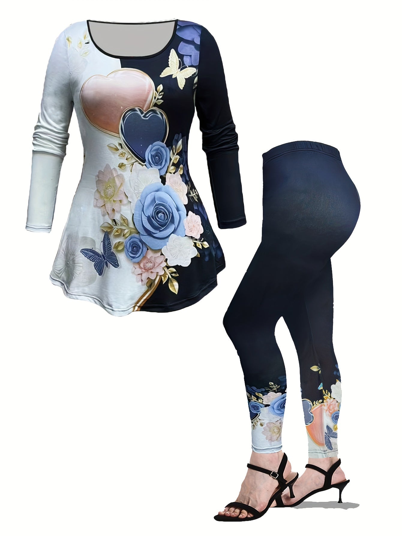 Casual Outfits Set Women's Plus Butterfly & Denim Tee & Leggings Set