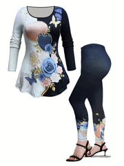Casual Outfits Set Women's Plus Butterfly & Denim Tee & Leggings Set
