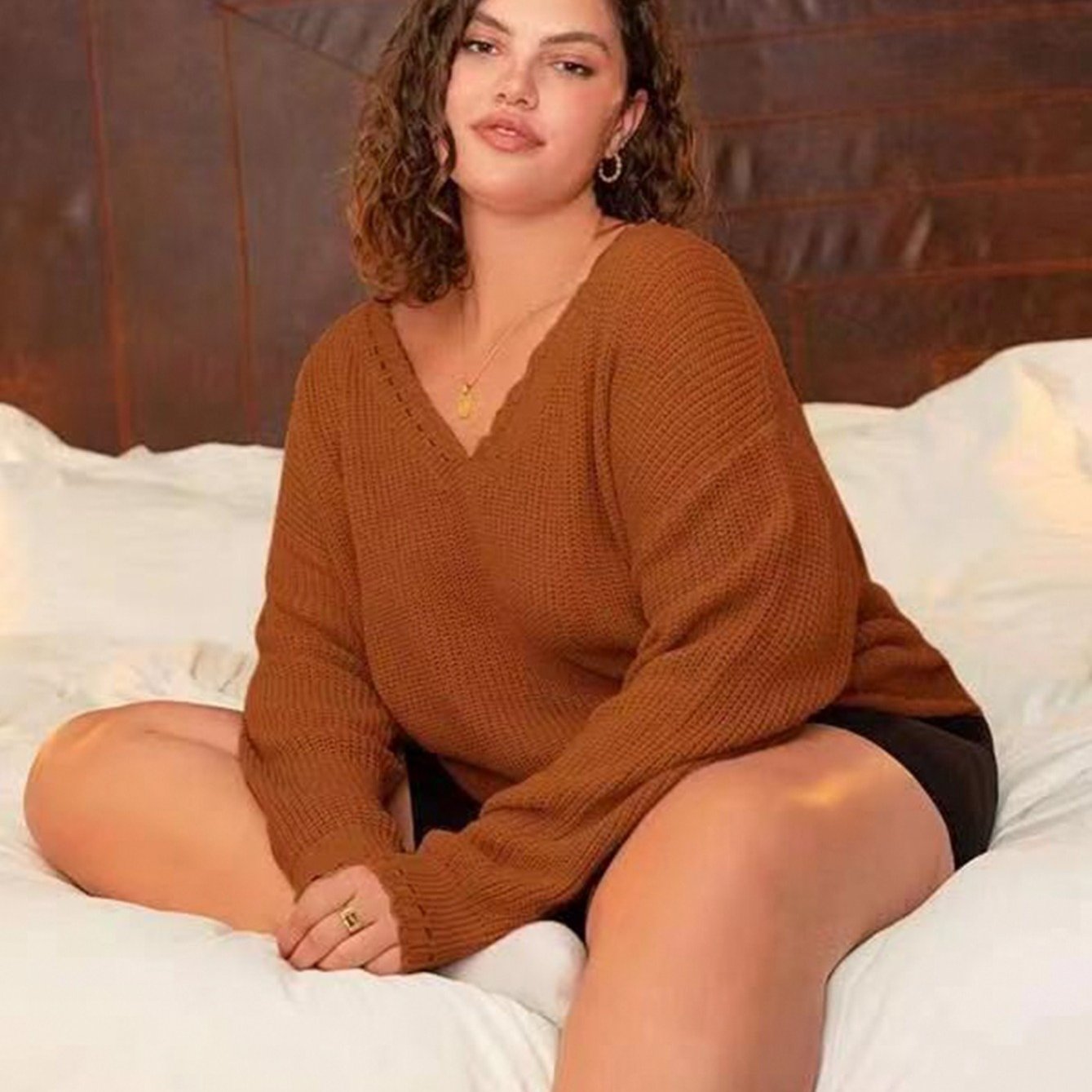 V Neck Solid Sweater Women's Plus Long Sleeve Sweater