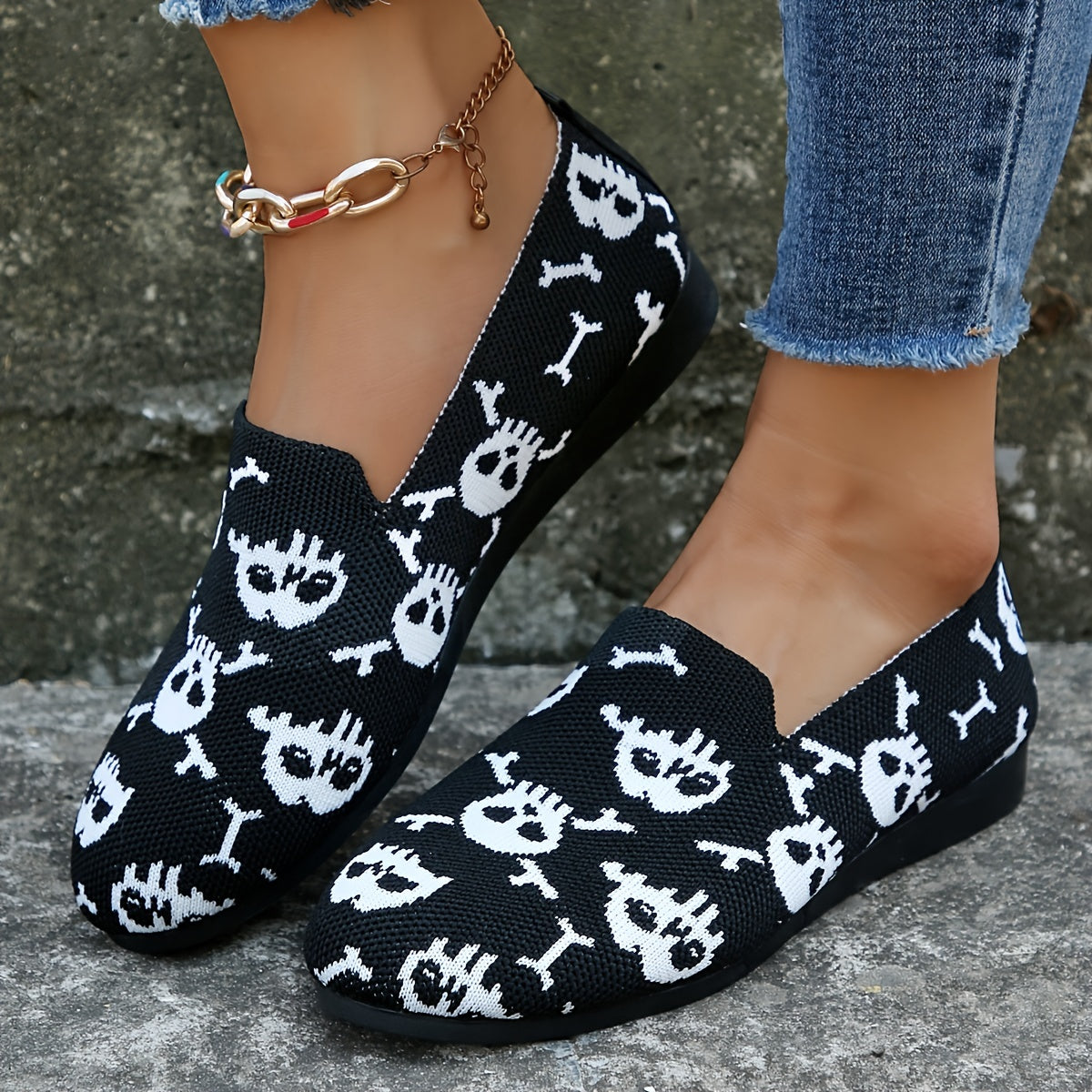 Skull Pattern Flat Shoes Halloween Soft Sole Slip On Shoes