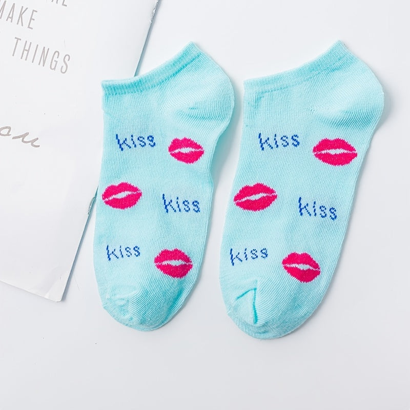 5 Pairs Red Lip Pattern Low Cut Ankle Socks Women's Stockings