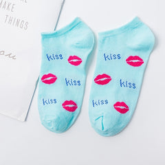 5 Pairs Red Lip Pattern Low Cut Ankle Socks Women's Stockings