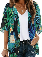 Women's Plus Floral Print Bat Sleeve Cover Up Cardigan