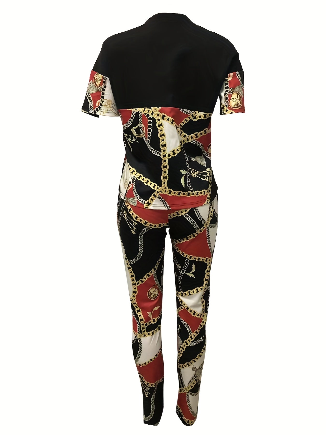 Denim Print Two Piece Set Short Sleeve T shirt & High Waist Pants Outfits
