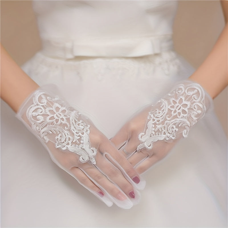 Bridal Wedding Dress Gloves Mesh Lace Floral Embroidery Gloves Short
