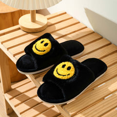 Smile Face Plush Slippers Open Toe Cozy Slip On Flat Fuzzy Shoes