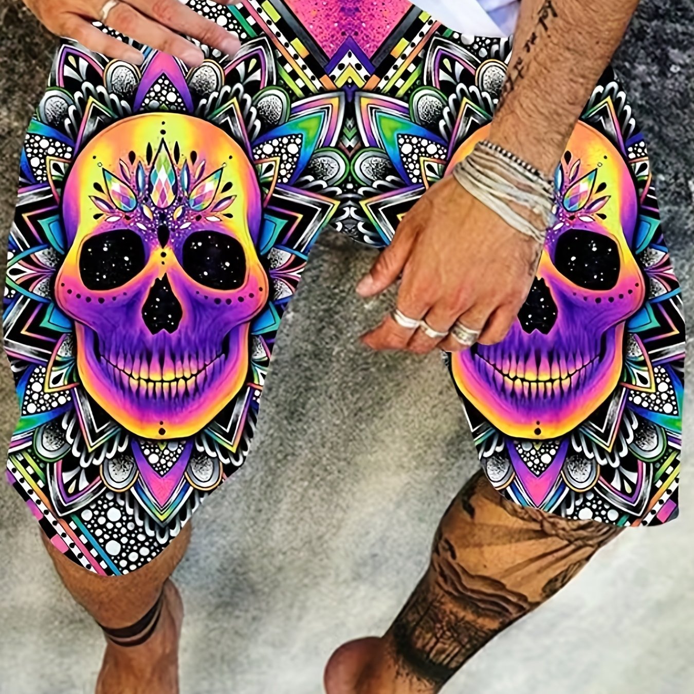 Men's Floral Skull Graphic Shorts 3D Print Elastic Waist Slightly Stretch Shorts