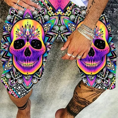 Men's Floral Skull Graphic Shorts 3D Print Elastic Waist Slightly Stretch Shorts