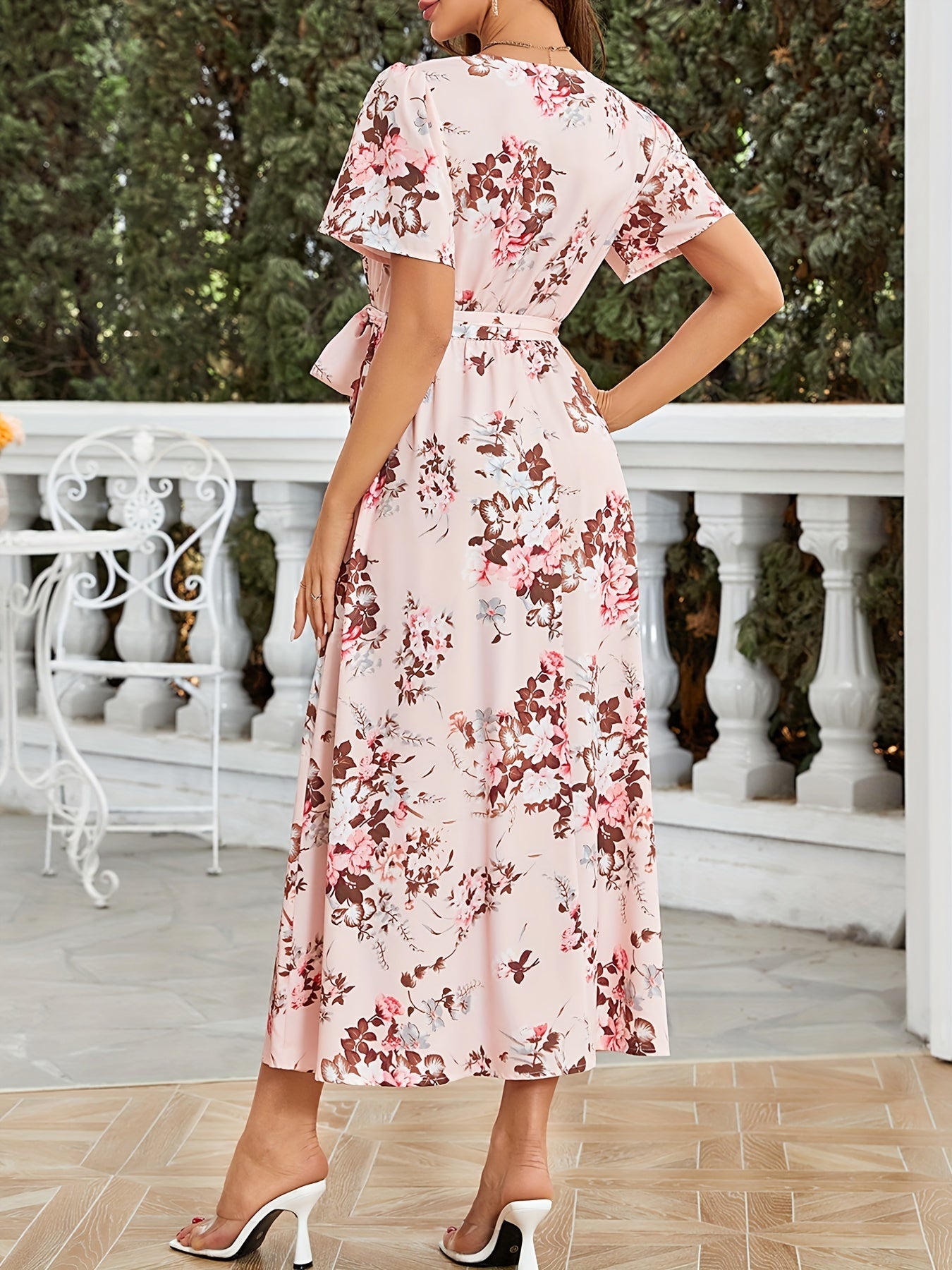 Floral Print Surplice Neck Dress Short Sleeve Split Dress