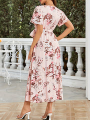 Floral Print Surplice Neck Dress Short Sleeve Split Dress