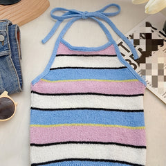 Colorblock Stripe Print Halter Top Sleeveless Tie Back Summer Casual Top