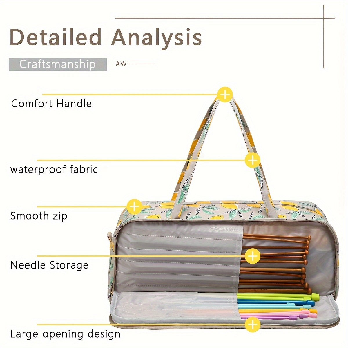 Waterproof Yarn Storage Bag Lemon Printed Knitting Crochet Large Capacity