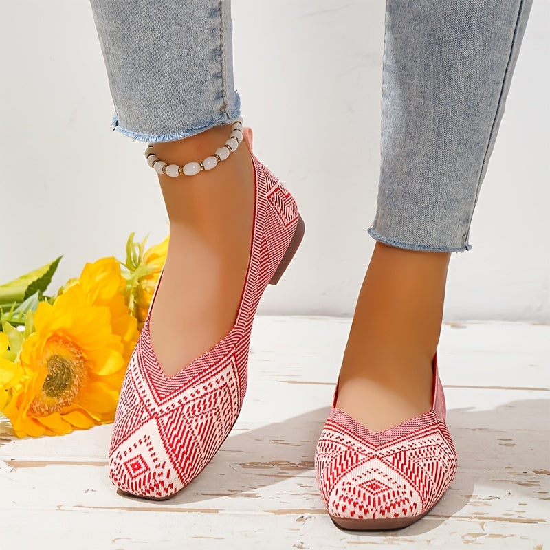 Women's Knitted Square Toe Flat Shoes Breathable Slip On Casual Walking Shoes