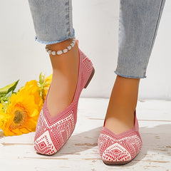 Women's Knitted Square Toe Flat Shoes Breathable Slip On Casual Walking Shoes