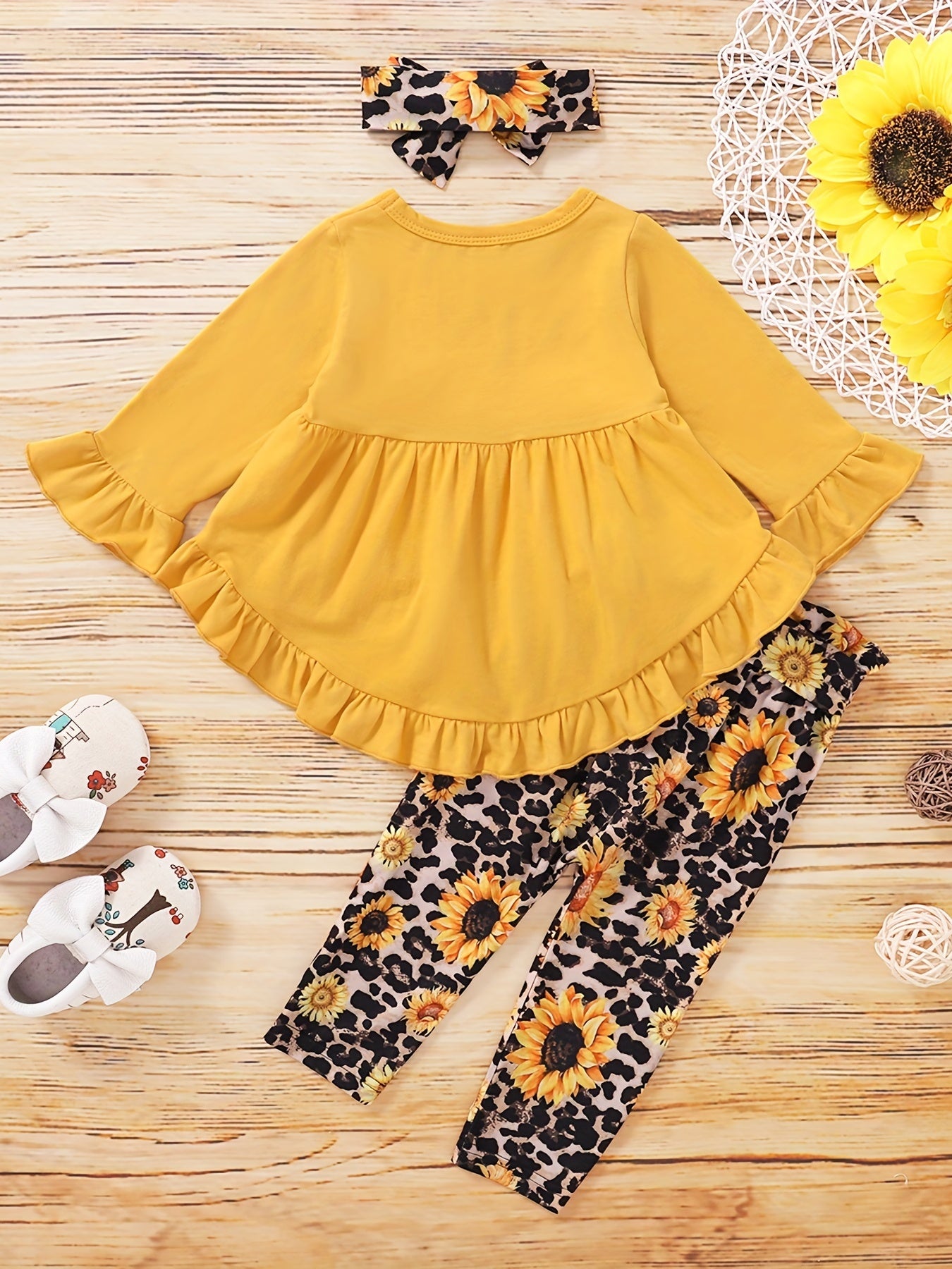 Toddler Baby Girls Sunflower Graphic Outfit Ruffle Sleeve Shirt Floral Pant Set