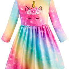 Unicorn Tie Dye Graphic Long Sleeve Dress Girls