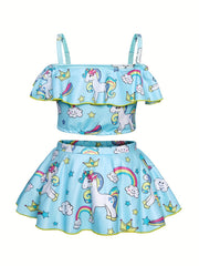 Girls Unicorn Bikini Set Off Shoulder Strappy Bikini Top Skirt Swimwear