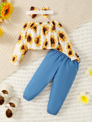 Baby Girls Sunflower Print Outfit Long Sleeve Crop Top Faux Denim Pants Set