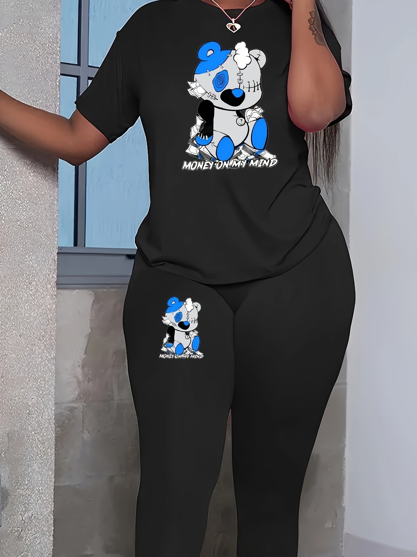 Women's Plus Bear & Letter Print Top & Leggings Outfits 2 Piece Set