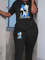 Women's Plus Bear & Letter Print Top & Leggings Outfits 2 Piece Set