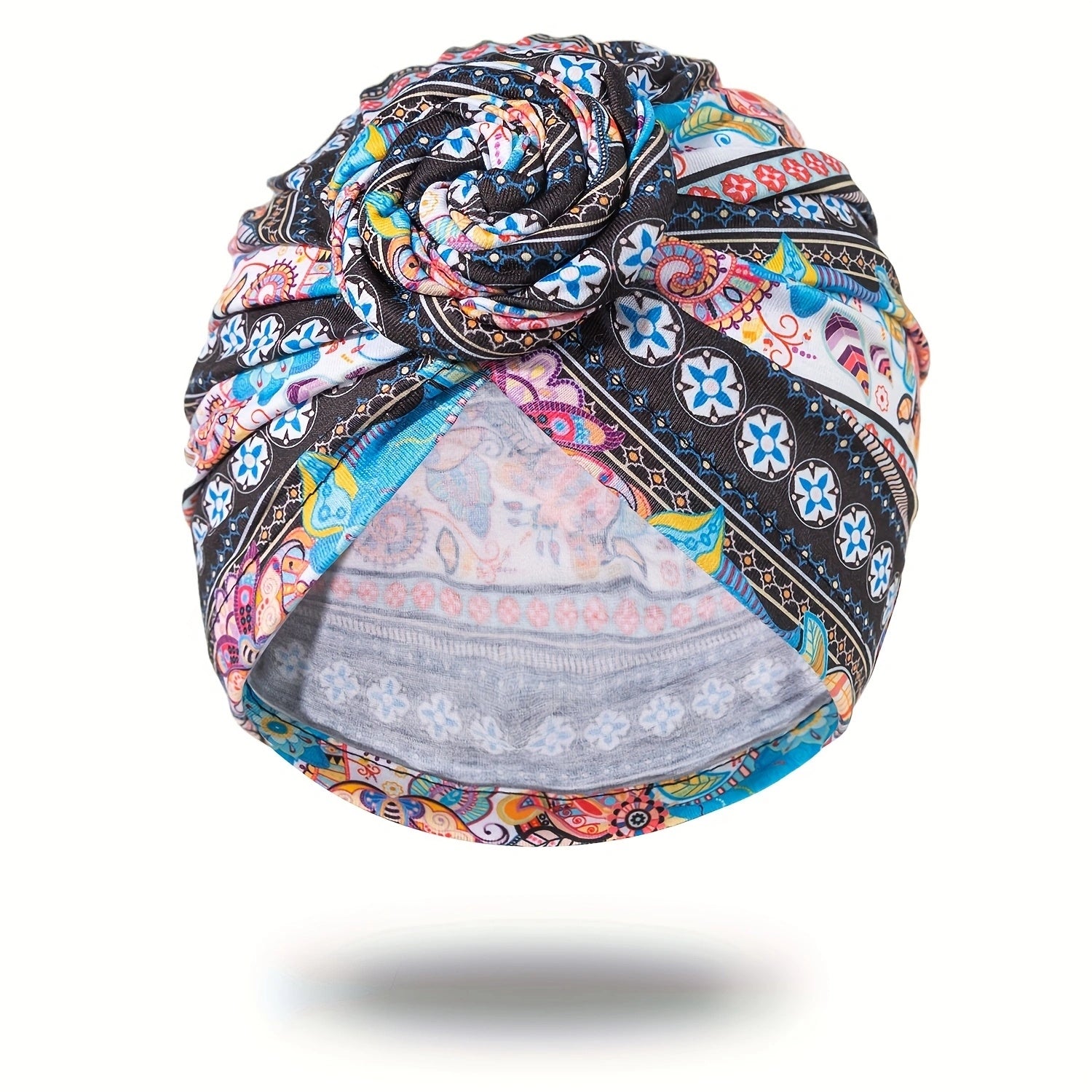 Boho Print Pleated Turban Floral Beanie Pre Tied Front Knot Elastic Head Wrap