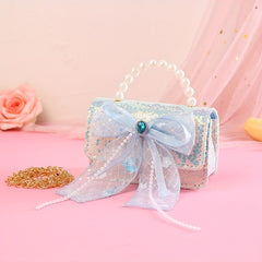Sweet Princess Girls Bow Diamond Handbag with Pearl Handle