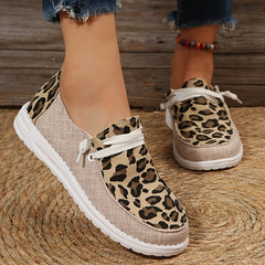 Leopard Print Loafers Lace Up Flat Canvas Shoes