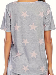 Star Print Pajama Set Short Sleeve Tee & Drawstring Shorts