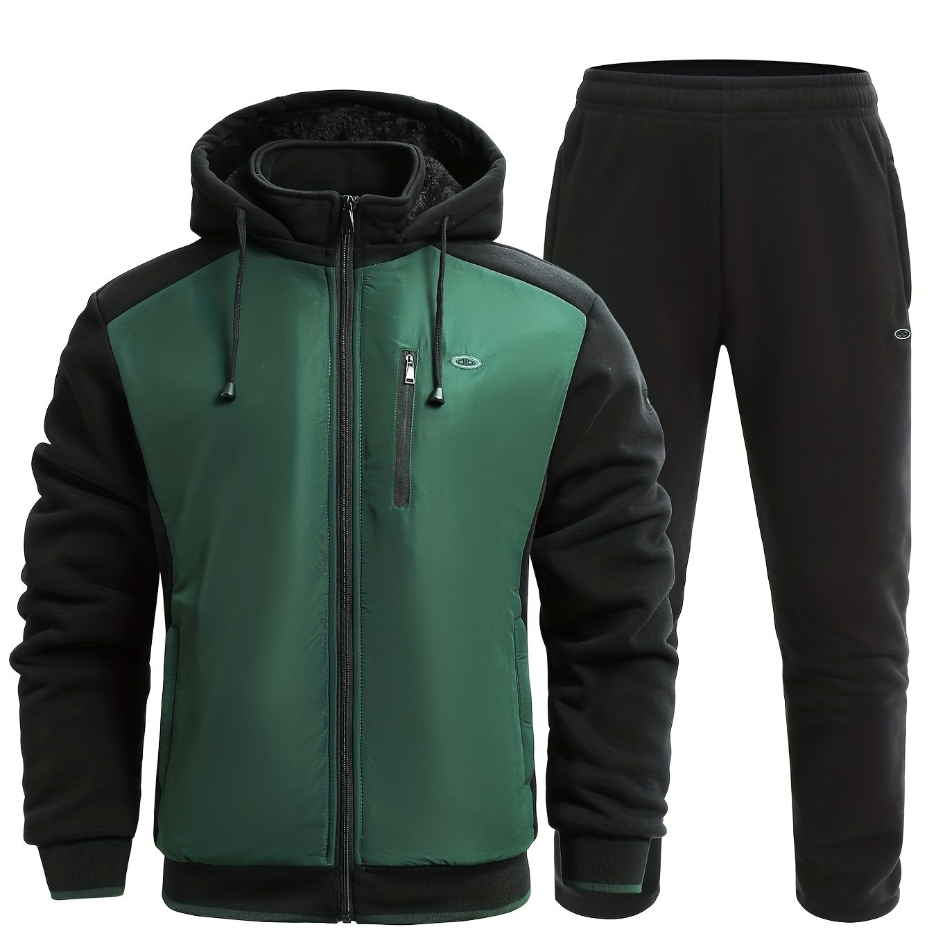 Men's Green Zip Up Hooded Jacket & Stretch Pants Sports Suit
