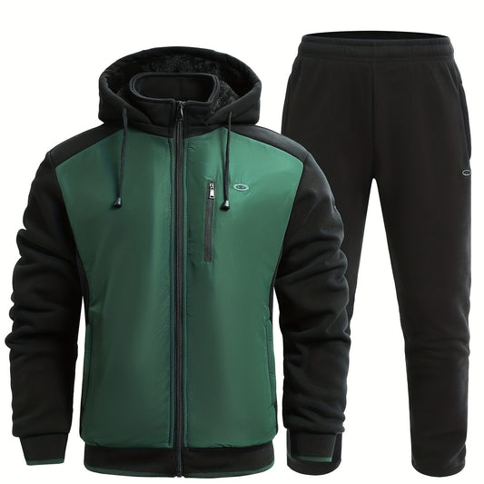 Men's Green Zip Up Hooded Jacket & Stretch Pants Sports Suit
