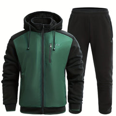 Men's Green Zip Up Hooded Jacket & Stretch Pants Sports Suit