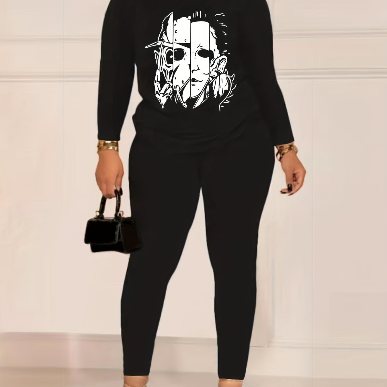 Women's Plus Size Cartoon Print Tee & Leggings Outfit Set