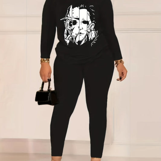 Women's Plus Size Cartoon Print Tee & Leggings Outfit Set