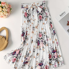 Vintage Floral Print Skirts Pleated Tie Waist Daily Skirts Women's Clothing