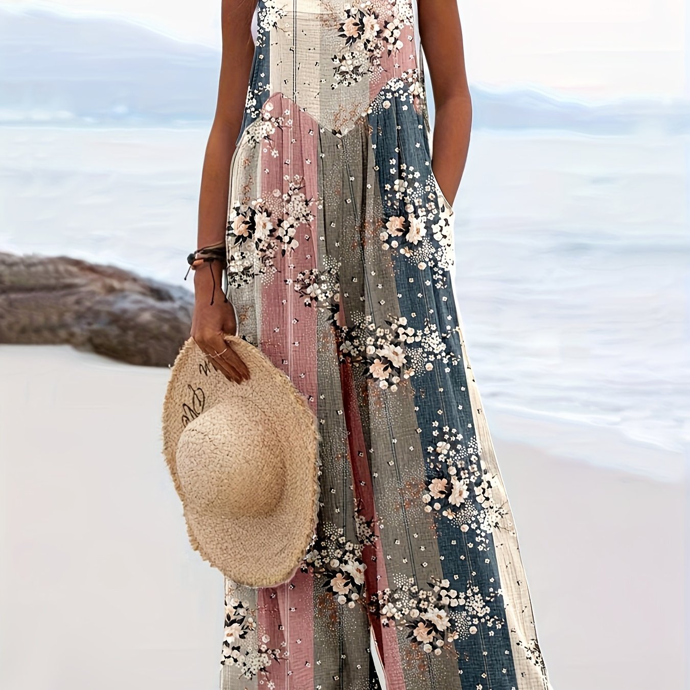 Colorblock Floral Print Wide Leg Jumpsuit