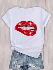 Sexy Lips Print T Shirt Crew Neck Short Sleeve Casual Sport Tops