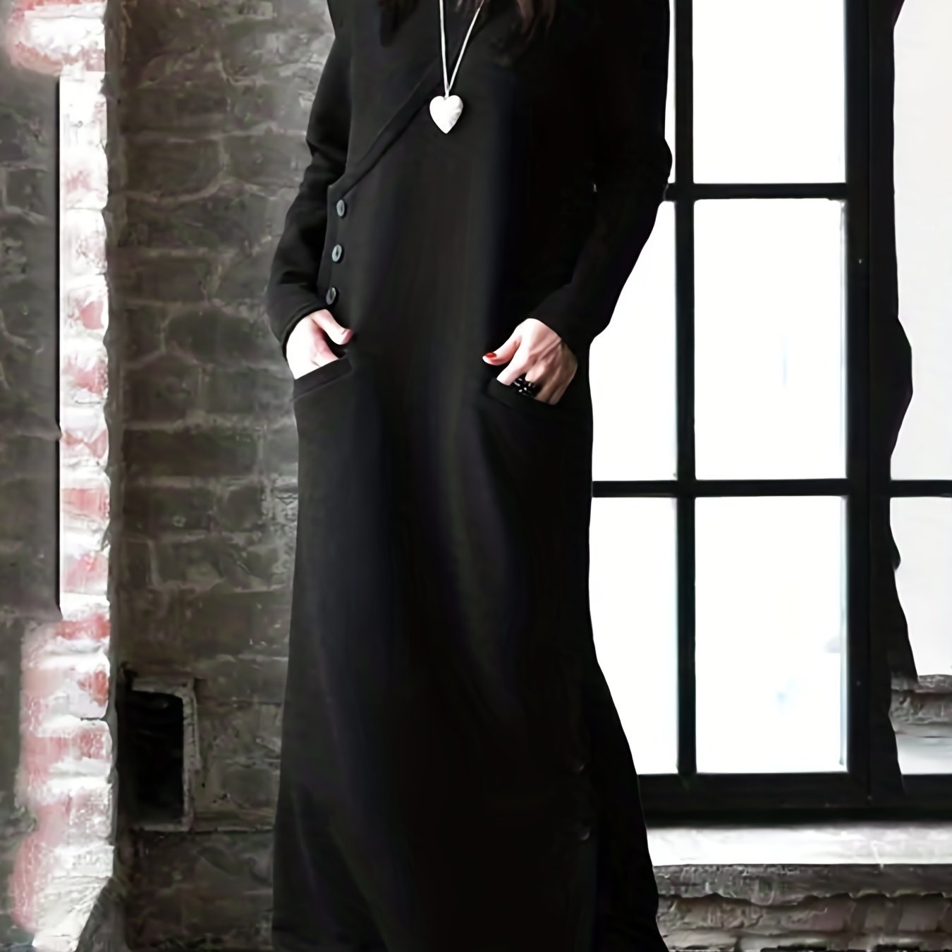 Solid Button Detail Long Sleeve Maxi Dress