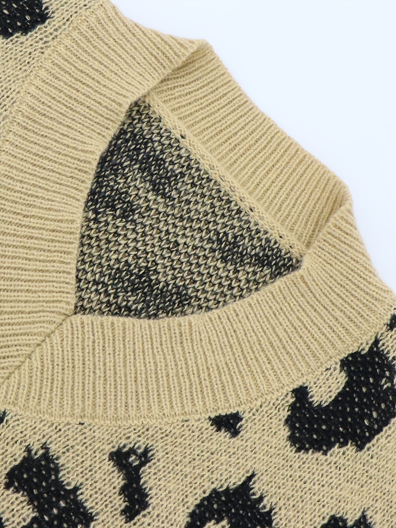 Leopard Pattern Knitted Sweater V Neck Long Sleeve Fall Winter Women's Clothing