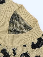 Leopard Pattern Knitted Sweater V Neck Long Sleeve Fall Winter Women's Clothing