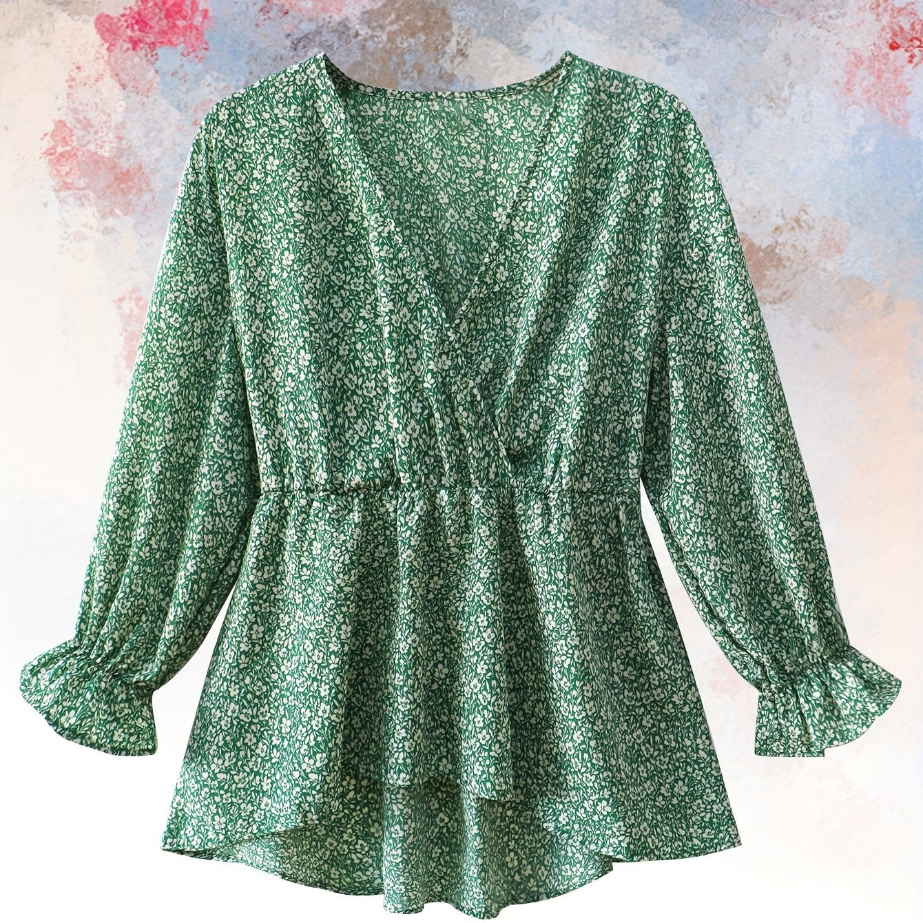 Ditsy Print Lantern Sleeve Peplum Top