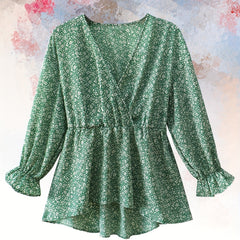 Ditsy Print Lantern Sleeve Peplum Top